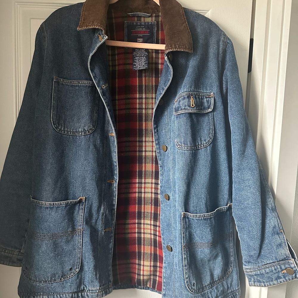 Flannel Lined Denim Jacket with Brown Corduroy Collar